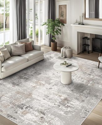 9x12 Washable Living Room Rugs - Modern Abstract Neutral Soft Large Area Rugs for Bedroom Non-Slip Low Pile Thin Stain-Resistant Carpet for Dining Room Home Office (Beige/Grey)