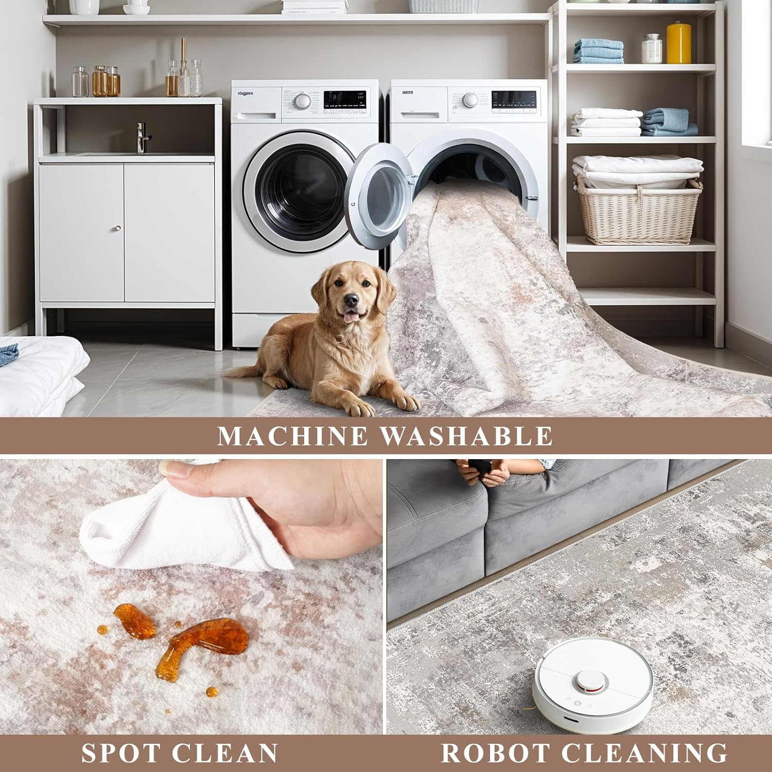 9x12 Washable Living Room Rugs - Modern Abstract Neutral Soft Large Area Rugs for Bedroom Non-Slip Low Pile Thin Stain-Resistant Carpet for Dining Room Home Office (Beige/Grey) - Image 6