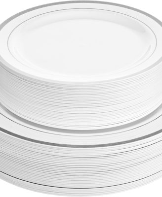 Aya's 60 Silver Rimmed Plastic Plates for Party, Heavy Duty Disposable Plate Set of 30 Dinner and 30 Dessert Plates