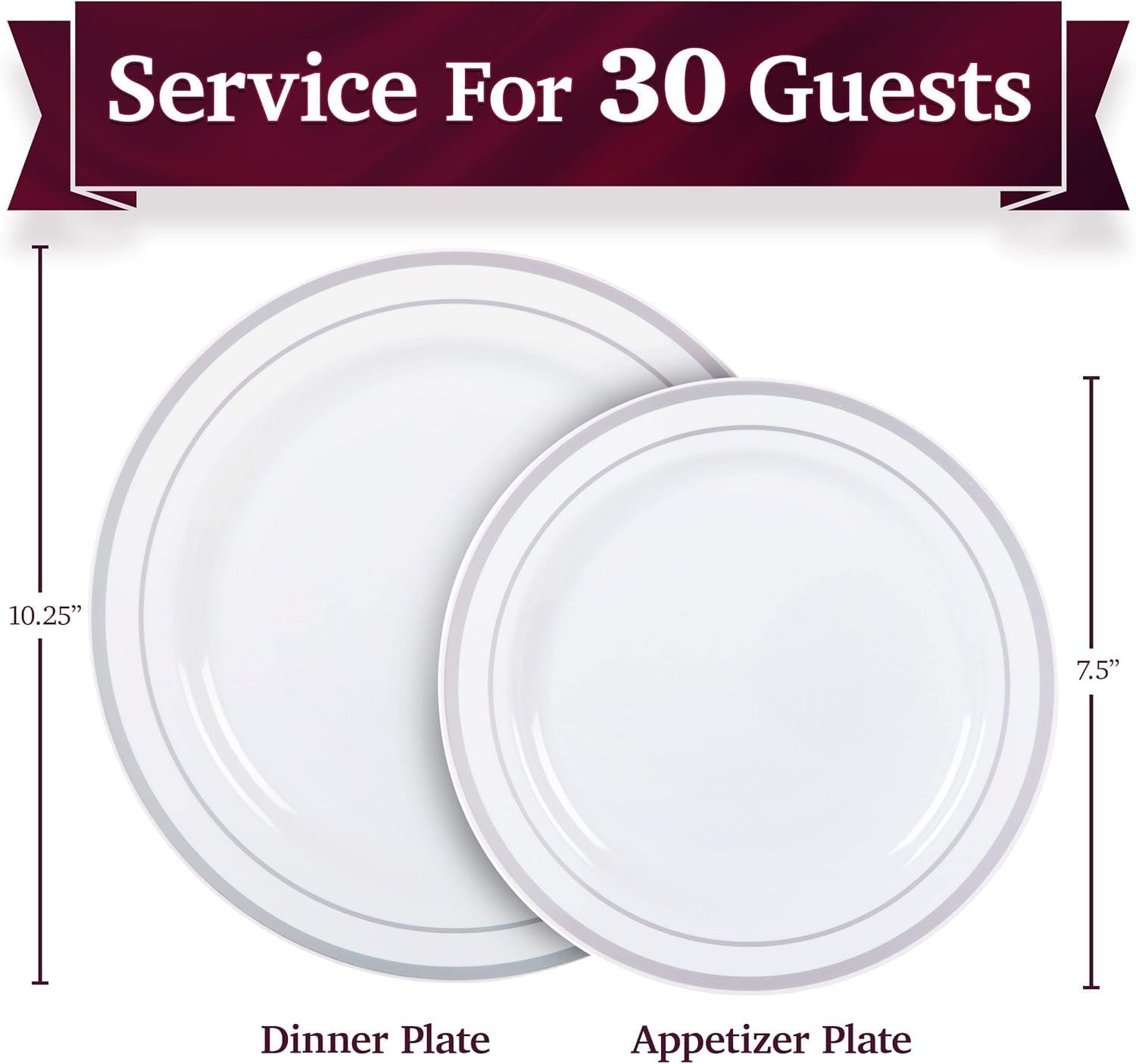Aya's 60 Silver Rimmed Plastic Plates for Party, Heavy Duty Disposable Plate Set of 30 Dinner and 30 Dessert Plates for Weddings and Special Events, Fancy Disposable Tableware - Image 2