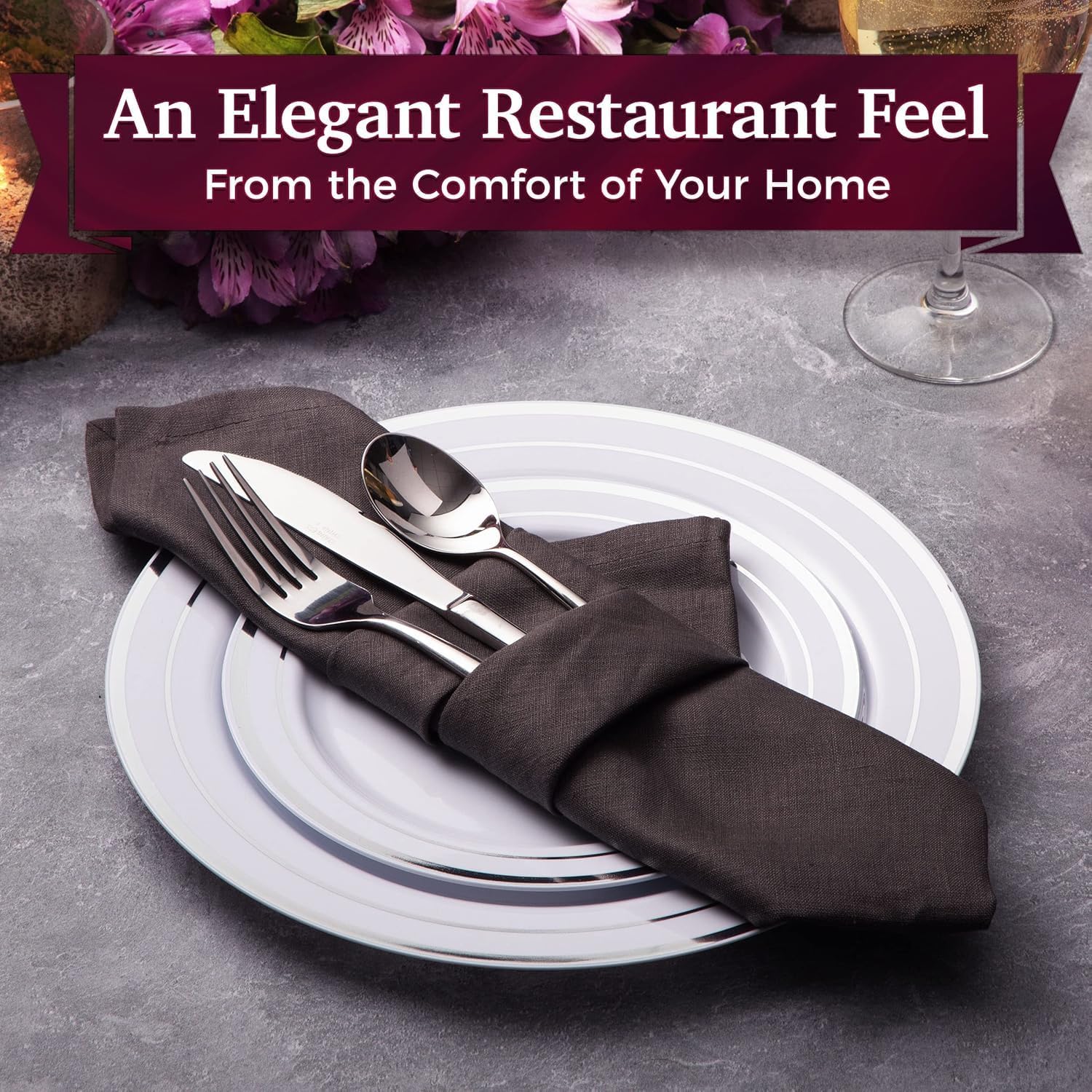 Aya's 60 Silver Rimmed Plastic Plates for Party, Heavy Duty Disposable Plate Set of 30 Dinner and 30 Dessert Plates for Weddings and Special Events, Fancy Disposable Tableware - Image 3