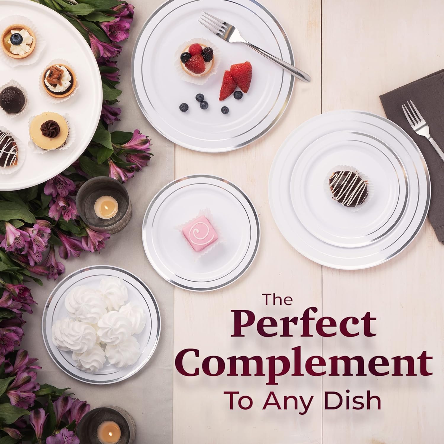 Aya's 60 Silver Rimmed Plastic Plates for Party, Heavy Duty Disposable Plate Set of 30 Dinner and 30 Dessert Plates for Weddings and Special Events, Fancy Disposable Tableware - Image 6