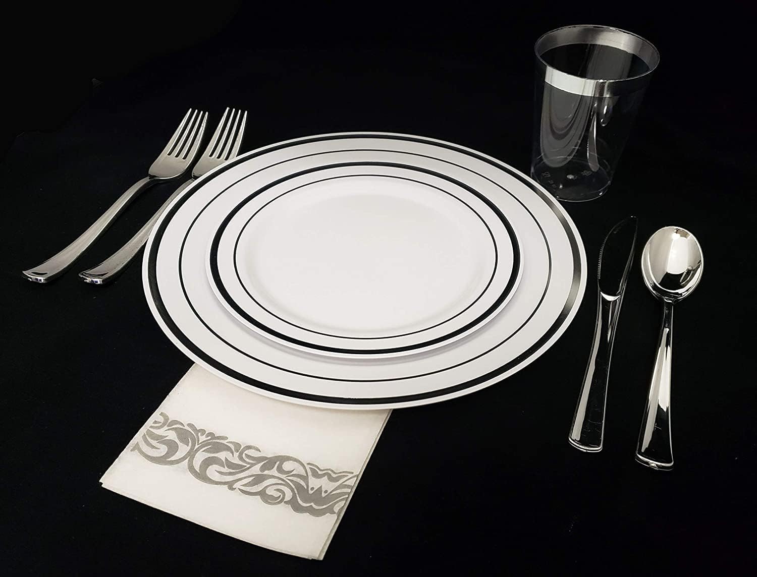 Aya's 60 Silver Rimmed Plastic Plates for Party, Heavy Duty Disposable Plate Set of 30 Dinner and 30 Dessert Plates for Weddings and Special Events, Fancy Disposable Tableware - Image 7