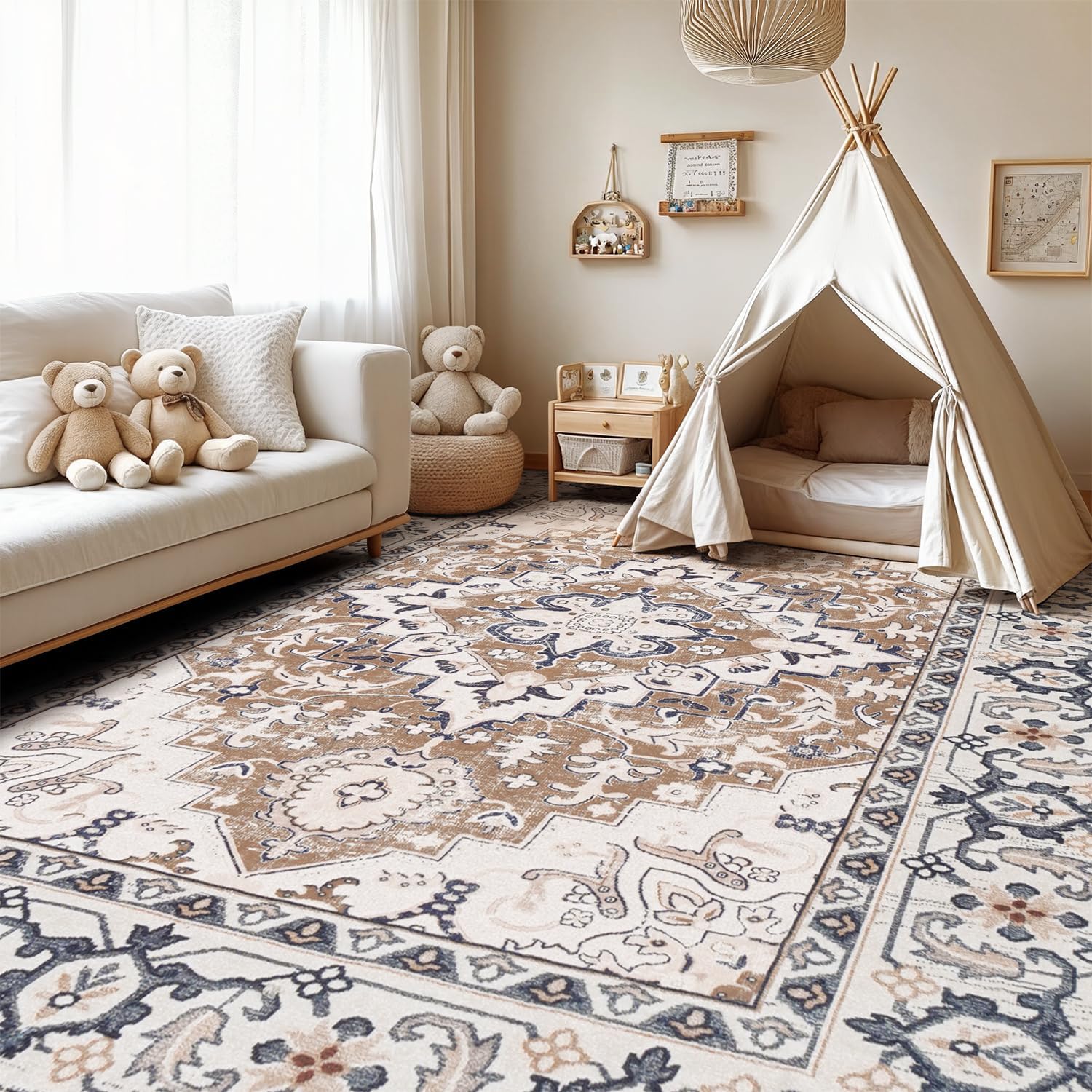 Lofus 5x7 Area Rugs for Living Room, Washable Area Rug, Rugs for Bedroom, Kitchen, Vintage Boho Carpet, Soft Non-Slip, Low Pile Large Area Rug for Office Dining Room, Floral Brown - Image 3