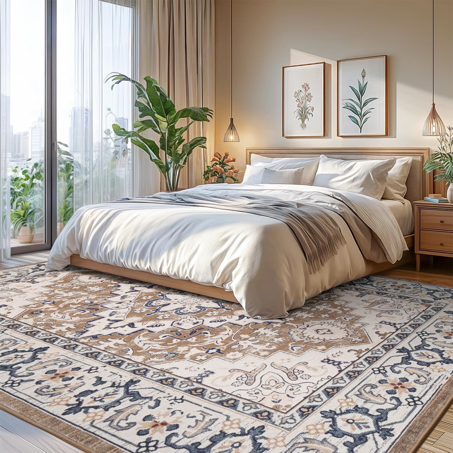 Lofus 5x7 Area Rugs for Living Room, Washable Area Rug, Rugs for Bedroom, Kitchen, Vintage Boho Carpet, Soft Non-Slip, Low Pile Large Area Rug for Office Dining Room, Floral Brown - Image 4