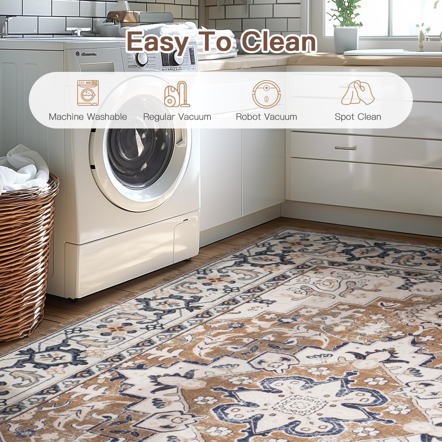 Lofus 5x7 Area Rugs for Living Room, Washable Area Rug, Rugs for Bedroom, Kitchen, Vintage Boho Carpet, Soft Non-Slip, Low Pile Large Area Rug for Office Dining Room, Floral Brown - Image 7