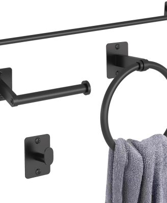 Matte Black Bathroom Accessories Set, KLJKPA 4 Pieces Bathroom Hardware Set, 24 inch Towel Bar, Towel Racks for Bathroom, Robe Towel Hooks, Toilet Paper Holder Wall Mounted