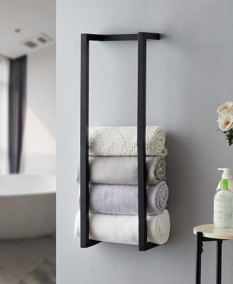 Towel Rack for Rolled Towels, Towel Rack for Bathroom,Wall Mounted Metal Bathroom Organizer, Bath Towel Holder Wall for Modern Small Space Bathroom Towel Storage (Black)