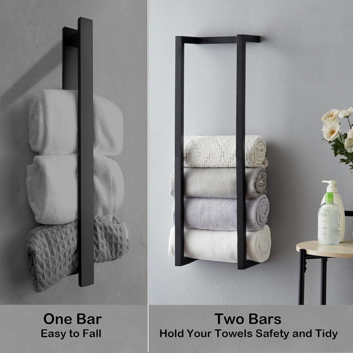 Towel Rack for Rolled Towels, Towel Rack for Bathroom,Wall Mounted Metal Bathroom Organizer, Bath Towel Holder Wall for Modern Small Space Bathroom Towel Storage (Black) - Image 3